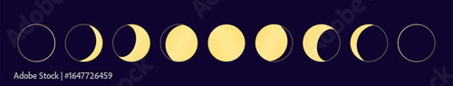 Lunar, moon phases, gold elements, isolated on blue background. Flat vector illustration. Celestial design, clip art set, space banner. Cosmos, galaxy, astronomy astrology graphics
