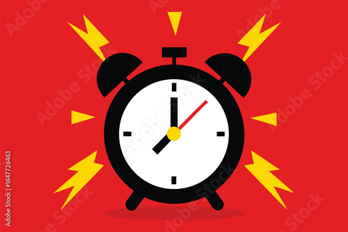 Ringing alarm clock with yellow lightning bolts on red background, alarm clock, clock, time, ringing, loud, sound, notification, wake up, morning, alert, warning, urgency, deadline, schedule, time man