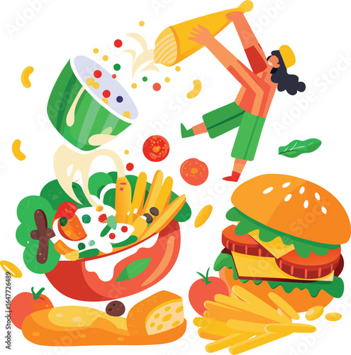Colorful illustration of a person preparing food with burger fries salad and cheese cooking