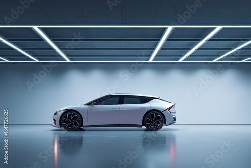 Sleek Silver Electric Car in Modern Studio with Geometric Lighting