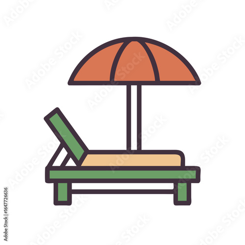 Stylized beach chair and umbrella graphic on black background, summer vacation theme