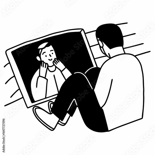 Illustration of a man looking at his reflection in a mirror isolated on white background