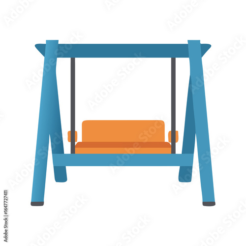 Stylized illustration of a blue porch swing with orange cushions on black background