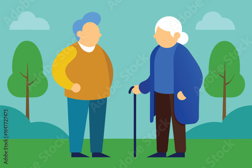 Two elderly people talking in a park senior old people, elderly, senior, old people, man, woman, couple, friends, conversation, talking, park, outdoors, nature, trees, clouds, grass, green, blue, oran