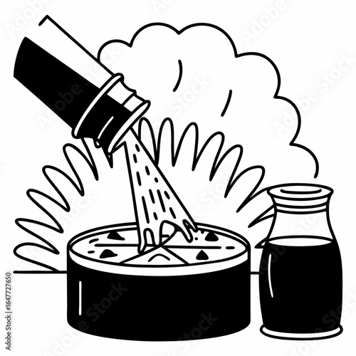 Illustration of a pizza being prepared with ingredients, isolated on white background