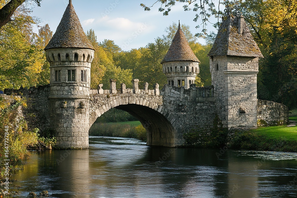 Fototapeta premium medieval bridge over a river with stone towers