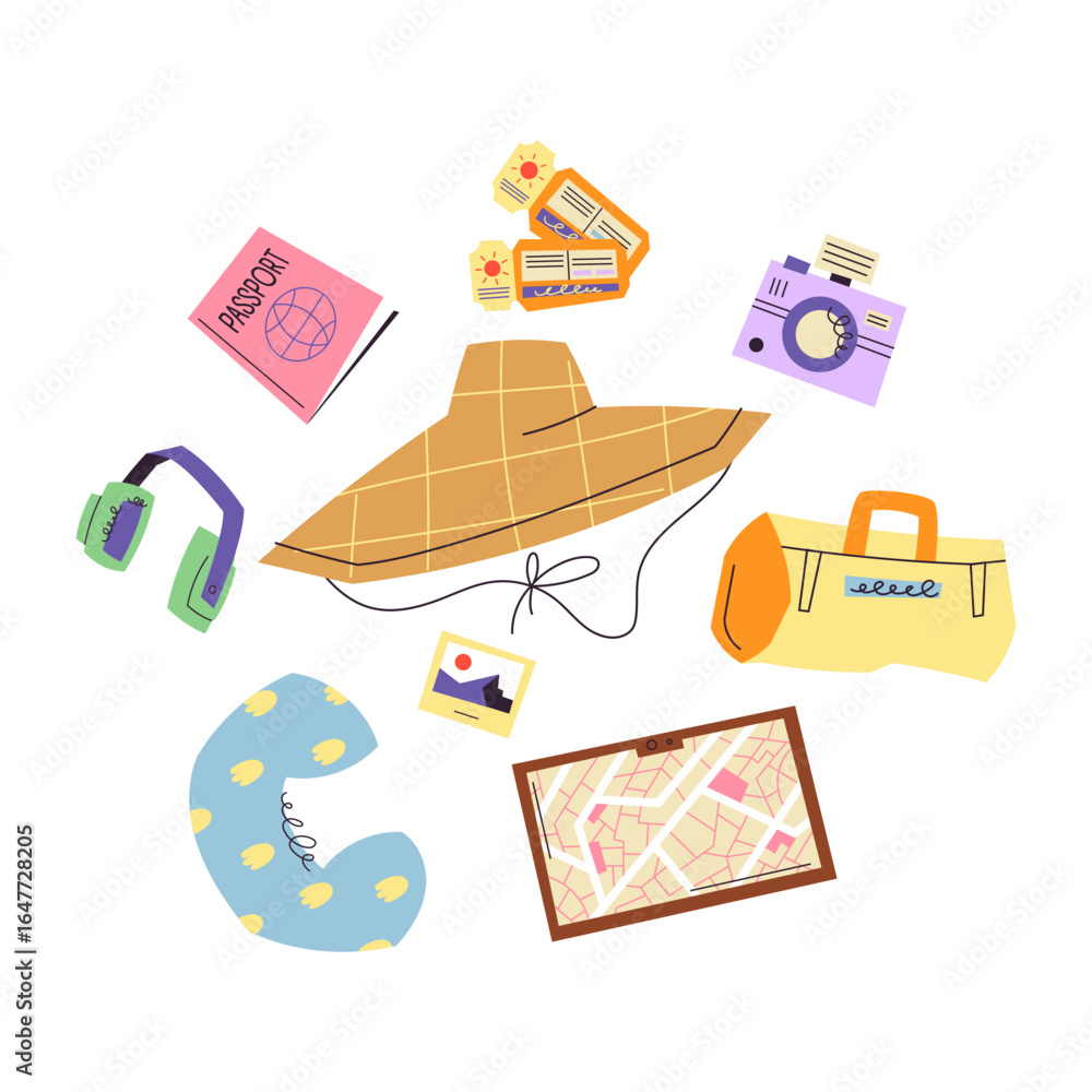 Naklejka premium Vector set with travel items: passport, tickets, hat, map, bag, headphones, and camera. Perfect for vacation design, tourism projects, and trip backgrounds