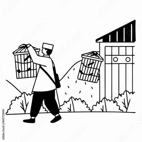 A man carrying bird cages in a village, isolated on white background