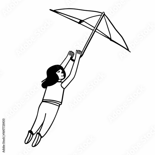 A woman is hang gliding in the sky, enjoying the adventure isolated on white background