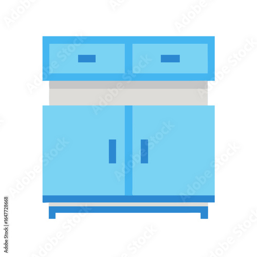 Pixel art style image featuring a charming blue cabinet with drawers and doors