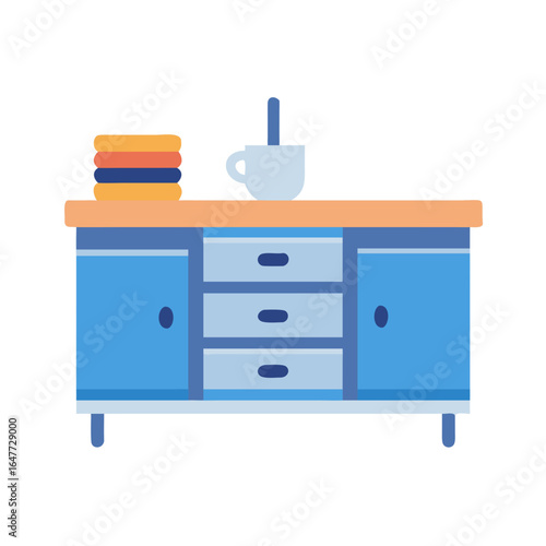 Stylized blue sideboard with stacks of towels and mug flat illustration