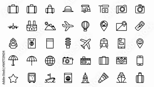 Travel and adventure icons collection featuring luggage, airplanes, cameras, passport, map pin, globe, boat, train, and other travel essentials.