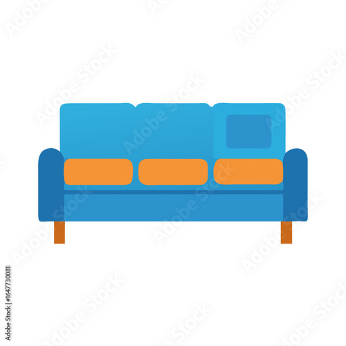 Modern blue sofa with orange cushions vector illustration on black background.