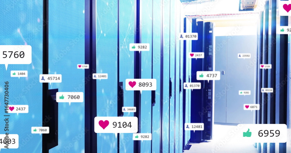 Displaying heart thumbs-up icons and counters floating over server cabinets in data center hallway Displaying heart thumbs-up icons and counters floating over server cabinets in data center hallway