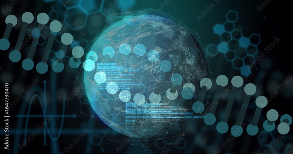 Obraz premium Rotating digital globe revealing DNA helix and code overlays in virtual space, with hex patterns