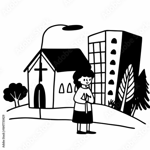 Illustration of a woman standing in front of a church isolated on white background