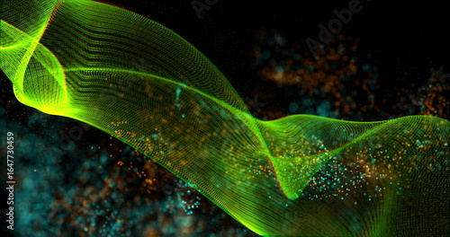 Flowing translucent green wave ribbon twisting across digital space with teal amber particles