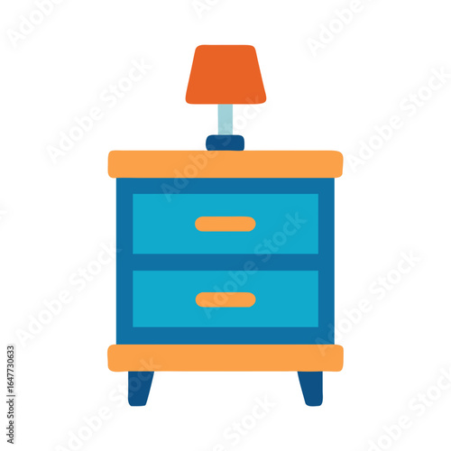 Stylized bedside table with two drawers and lamp illustration against black background