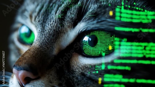 Cybernetic Cat Eye: Digital Data Flowing Through Feline Gaze in Close-Up