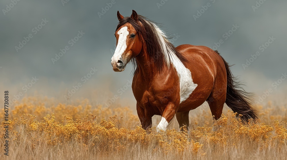 Obraz premium Majestic horse running through autumn grassland under cloudy sky in serene countryside setting