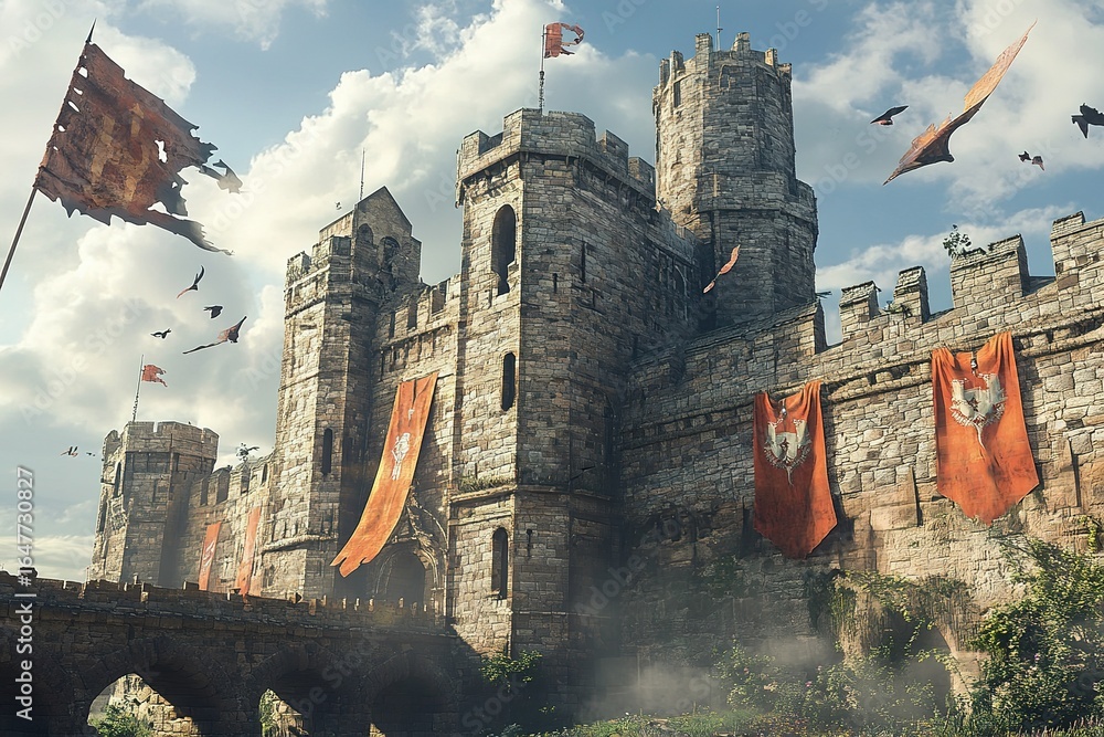 Fototapeta premium medieval castle with banners flying in the wind