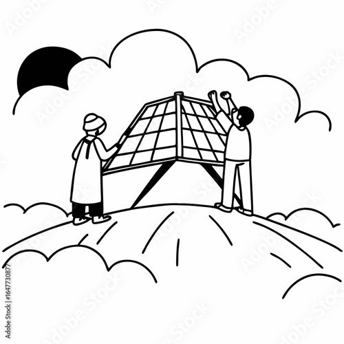 Illustration of people installing solar panel on hill isolated on white background