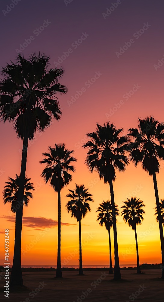 Obraz premium Group of palm trees at sunset on coastline