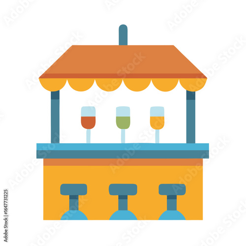 Colorful flat illustration of a cocktail bar with stools and drinks