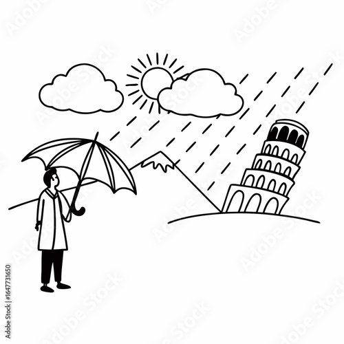 A man with an umbrella stands in the rain near the leaning tower of pisa isolated on white background