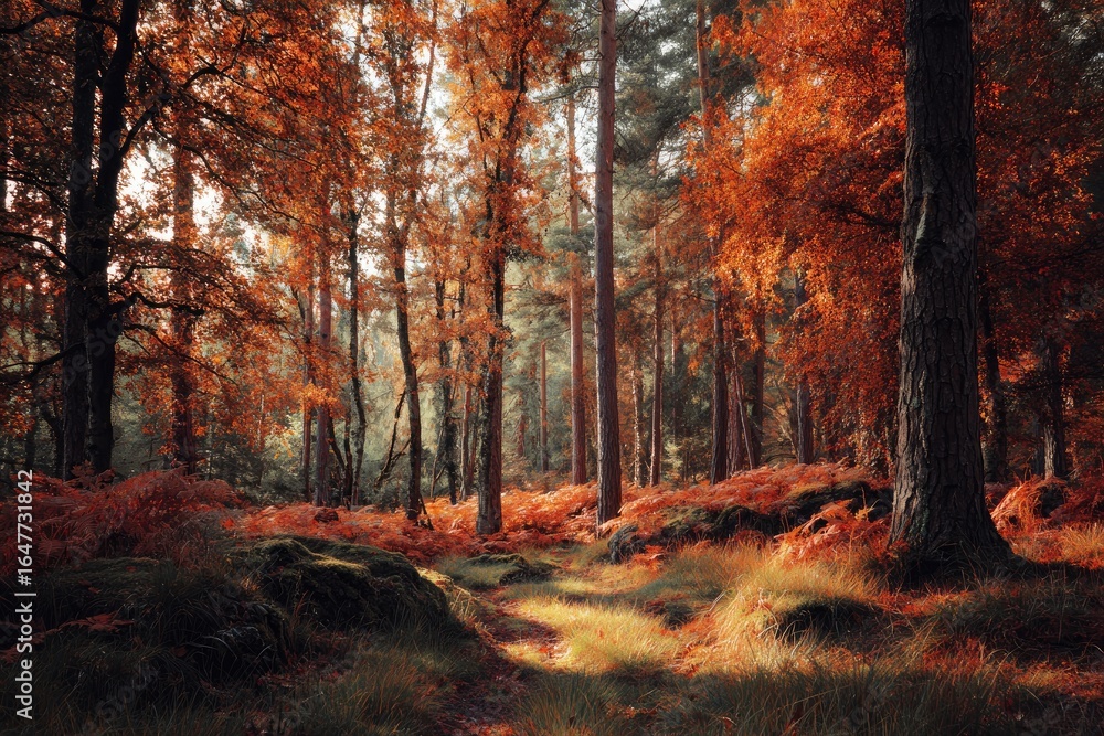 Obraz premium Autumn forest path bathed in sunlight