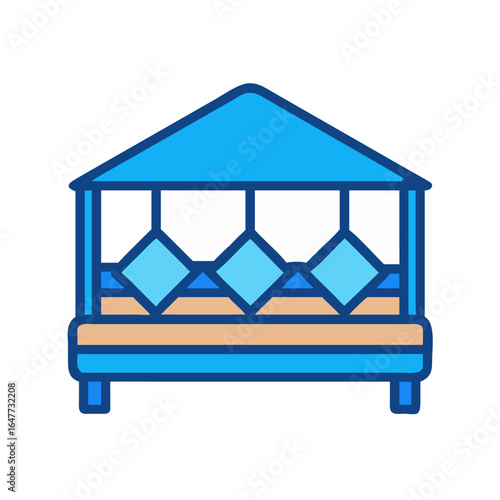 Stylized vector illustration of a beach cabana in blue and beige colors
