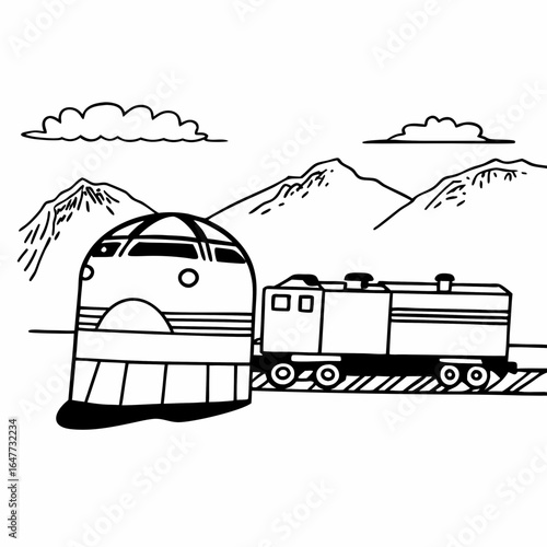 Illustration of a train in a mountainous landscape isolated on white background