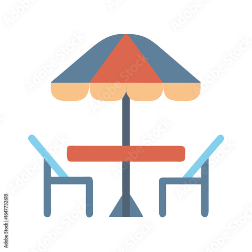 Stylized patio seating set with umbrella on a black background graphic