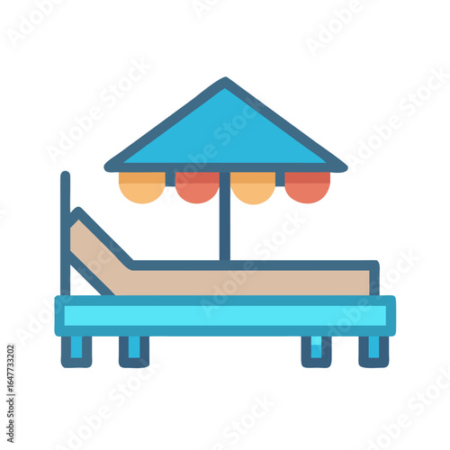 Stylized beach lounger with shade parasol, set against a stark black background