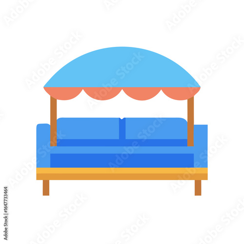 Stylized blue couch with light blue awning and brown frame on black backdrop