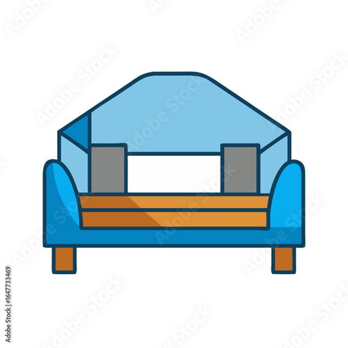 Stylized blue couch illustration with cushions and wooden base against black background