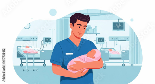 Male healthcare professional Holding Newborn Baby in Neonatal Intensive Care Unit