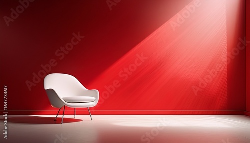 a stylish white chair stands alone in an elegant red room bright beams of light highlight its shape and design this minimalistic image captures modern decor beautifully ai