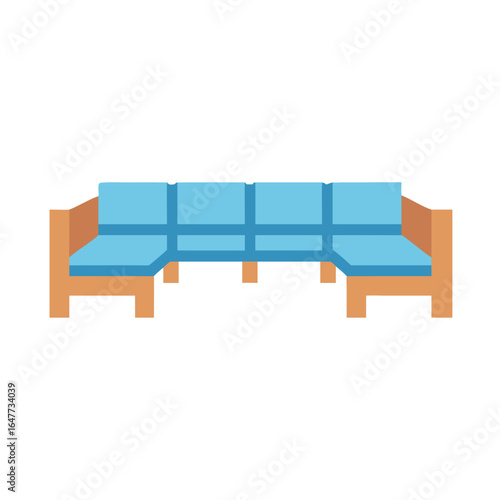 Isolated sectional sofa icon with blue cushions and brown wooden base
