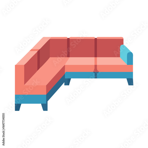 Modern Coral and Blue Sectional Sofa Isolated on Black Background Illustration