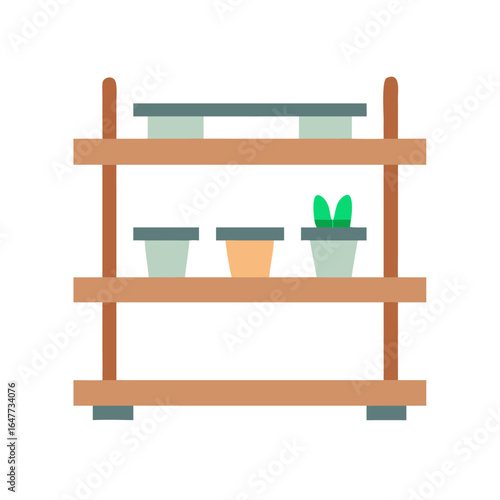 Minimalist illustration of a three tier shelf holding potted plants