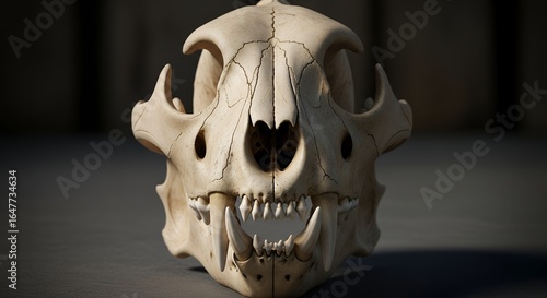 Animal Skull with Prominent Teeth and Horns on Dark Surface in Dramatic Lighting