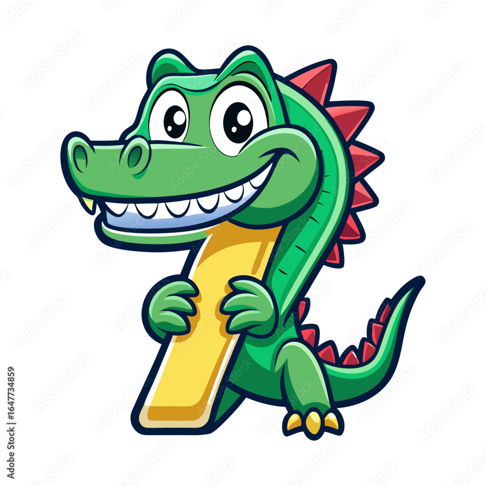 Fototapeta premium Playful cartoon alligator character with giant number seven, fun children’s book illustration, educational animal design for kids learning numbers