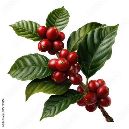 Ripe red coffee cherries on a branch isolated on transparent background