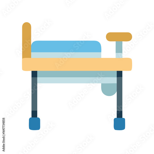 Simplified illustration of a blue and tan commode chair on black background