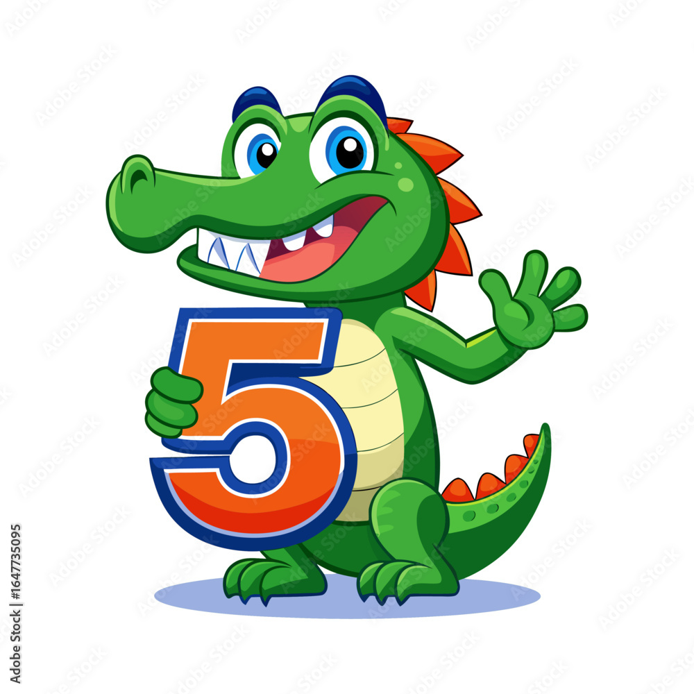 Fototapeta premium Playful alligator character holding giant number five, fun children book vector illustration, cute educational animal design for kids learning numbers