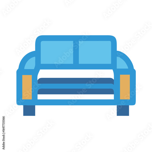 Stylized couch vector illustration in blue and tan on a black background.