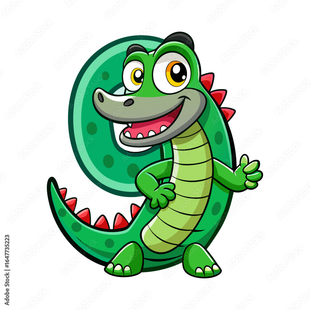Fototapeta premium Playful cartoon alligator character with giant number nine, cute children’s book illustration design for kids learning numbers and animals