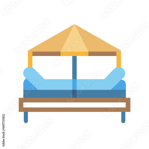 Stylized vector illustration of a beach bed with a sunshade on black background