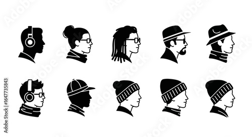 Profile views of people with various headwear and accessories.